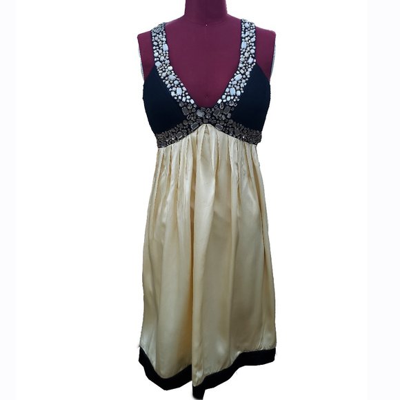 Sue Wong Nocturne Dress 6 Black Ivory Silk Charmeuse Empire Short Jewel Trim - Picture 1 of 8